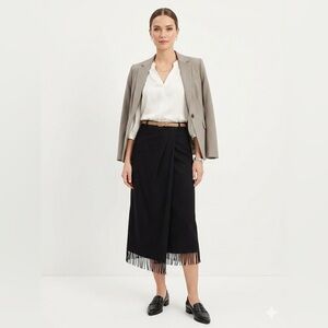 Anne Klein 100% Wool Fringe Midi Skirt Made in USA Black Sz 14 Classic Workwear